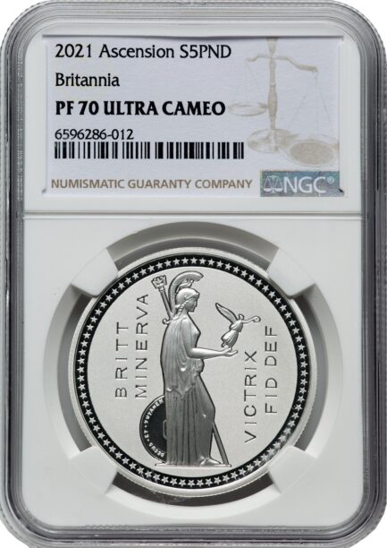 2021年 NGC PF70 最高鑑定品 英国領アセンション島 5ポンド銀貨 プルーフ銀貨 エリザベス二世女王 モダンコイン  銀貨 ブリタニア Queen ELIZABETH 鑑定済みコイン ウルトラカメオ ULTRA CAMEO コイン 鑑定 貨幣 通貨 現物資産 - 画像 (3)