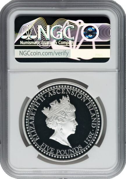 2021年 NGC PF70 最高鑑定品 英国領アセンション島 5ポンド銀貨 プルーフ銀貨 エリザベス二世女王 モダンコイン  銀貨 ブリタニア Queen ELIZABETH 鑑定済みコイン ウルトラカメオ ULTRA CAMEO コイン 鑑定 貨幣 通貨 現物資産 - 画像 (2)