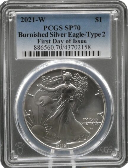 PCGS SP70 バーニッシュ仕上げ 高鑑定コイン 2021年 アメリカ イーグル銀貨 高鑑定 新デザイン タイプ２ 発行初日版 FIRST DAY OF ISSUE シルバーイーグル SILVER EAGLE BURNISHED 磨き仕上げ レアコイン - 画像 (2)