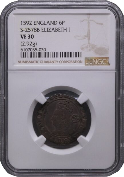 【NGC鑑定 VF30】イギリス エリザベス1世 6ペンス銀貨 1592年 Queen ELIZABETH イングランド - 画像 (4)