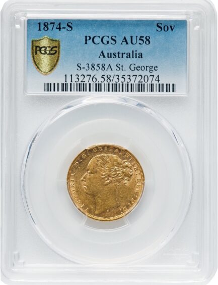 1874年 PCGS鑑定 AU58 オーストラリア ビクトリア女王 ソブリン金貨 ヤングヘッド アンティークコイン 1Sov金貨 英国 ヴィクトリア女王 英連邦 イギリス王室 セントジョージの竜退治 金貨 コイン - 画像 (4)