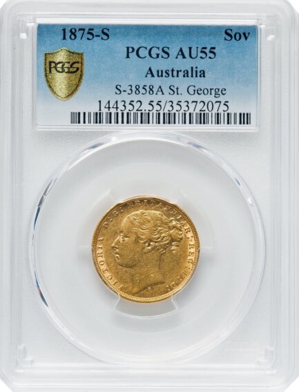 1875年 PCGS鑑定 AU55 オーストラリア ビクトリア女王 ソブリン金貨 ヤングヘッド アンティークコイン 1Sov金貨 英国 ヴィクトリア女王 英連邦 イギリス王室 セントジョージの竜退治 金貨 コイン 鑑定 貨幣 通貨 現物資産 竜退治 - 画像 (4)