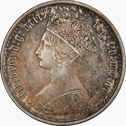1857年 ゴチックフローリン  PCGS鑑定 AU50 イギリス ビクトリア女王 ヤングヘッド フローリン銀貨 Victoria Silver Coin 英国 イギリス王室 鑑定済みコイン アンティークコイン 銀貨 Gothic Florin - 画像 (2)