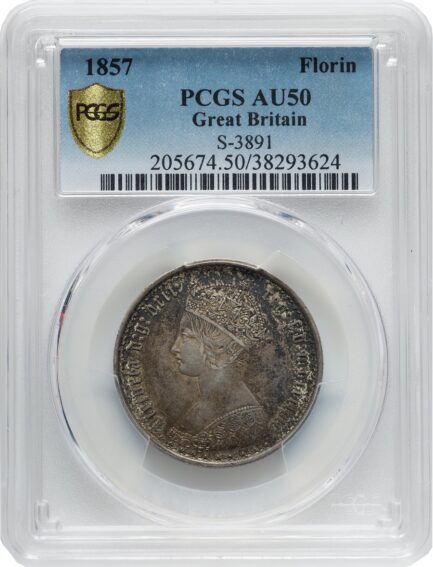 1857年 ゴチックフローリン  PCGS鑑定 AU50 イギリス ビクトリア女王 ヤングヘッド フローリン銀貨 Victoria Silver Coin 英国 イギリス王室 鑑定済みコイン アンティークコイン 銀貨 Gothic Florin - 画像 (4)
