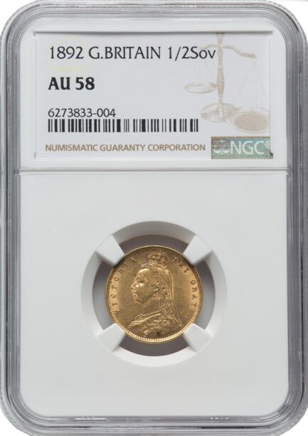 NGC鑑定 1892年 AU58 イギリス ビクトリア女王 ハーフソブリン金貨 ジュビリーヘッド アンティークコイン 1/2ソブリン 1/2Sov金貨 英国 ヴィクトリア女王 イングランド イギリス王室 シールド 金貨 コイン 鑑定 貨幣 通貨 現物資産 NGC AU - 画像 (4)