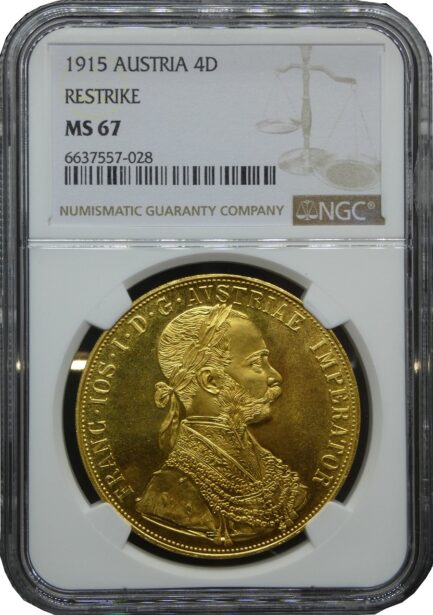 1915年 オーストリア フランツ ヨーゼフ1世 4ダカット金貨 NGC鑑定 MS67 復刻コイン Francis Joseph I Gold 4 DUCAT RESTRIKE - 画像 (2)