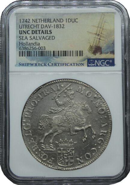シルバーライダー NGC鑑定 1742年 オランダ 銀貨 アンティークコイン １ドゥカトン銀貨 1Ducaton 18世紀 鑑定済みコイン 難破船 UNC DETAILS サルベージ 引き上げコイン - 画像 (4)