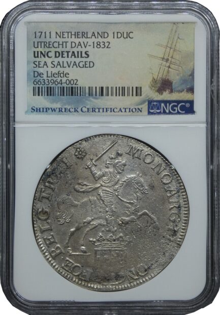 シルバーライダー NGC鑑定 1711年 オランダ 銀貨 アンティークコイン １ドゥカトン銀貨 1Ducaton 18世紀 鑑定済みコイン 難破船 UNC DETAILS サルベージ 引き上げコイン 1DUC NETHERLAND 大判コイン コイン 鑑定 貨幣 通貨 現物資産 Silver Rider - 画像 (2)
