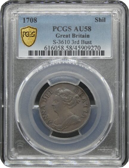 PCGS AU58 アン女王 1シリング銀貨 PCGS鑑定 1708年 イギリス イングランド アンティークコイン 1shilling 銀貨 レアコイン 英国 Queen ANNE 鑑定済みコイン England コイン 鑑定 貨幣 通貨 現物資産 銀貨 1708 - 画像 (2)