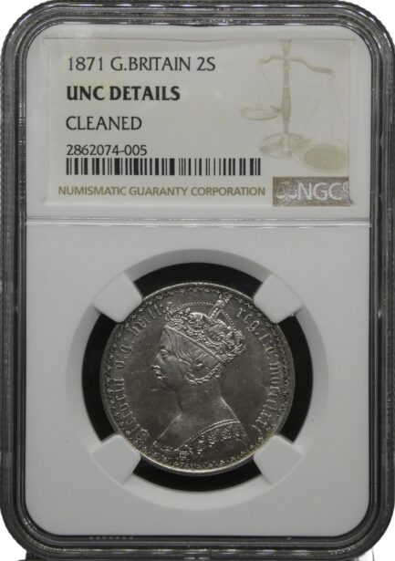 NGC ゴチックフローリン ビクトリア女王 銀貨 NGC鑑定 1871年 イギリス イングランド アンティークコイン 英国 鑑定済みコイン England コイン 鑑定 現物資産 1871 ヴィクトリア女王 Victoria UNC Details 2シリング銀貨 - 画像 (2)