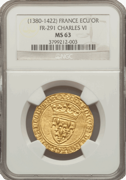 【NGC鑑定 MS63】フランス シャルル6世 エキュ金貨 1380-1422年 - 画像 (4)