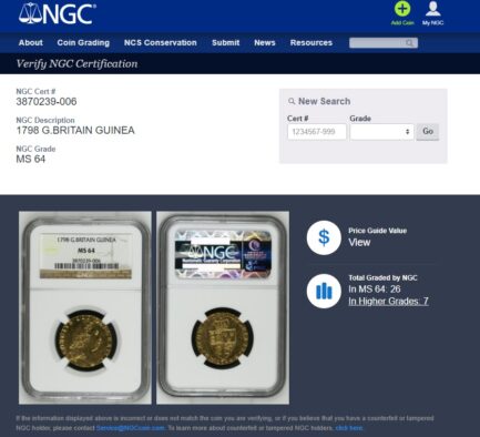 【NGC鑑定 MS64】イギリス ジョージ3世 ギニー金貨（スペードギニー） 1798年 - 画像 (6)