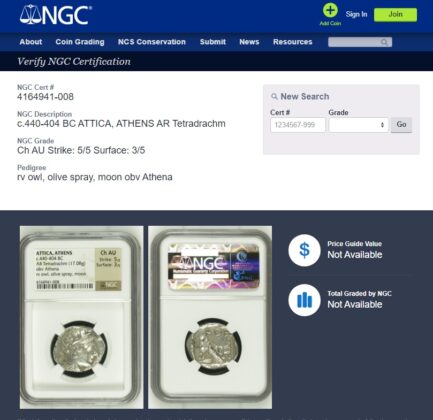 【NGC鑑定 Ch AU】古代ギリシャ アッティカ アテネ テトラドラクマ銀貨 BC.440-404【逸品】 - 画像 (6)