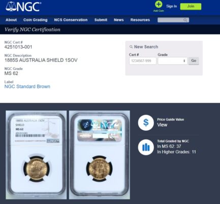 【NGC鑑定 MS62】オーストラリア ビクトリア女王ヤングヘッド＆シールド ソブリン金貨 1885年 - 画像 (6)