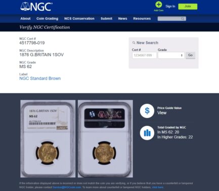 【NGC鑑定 MS62】イギリス ビクトリア女王ヤングヘッド（セントジョージと竜） ソブリン金貨 1876年 - 画像 (7)