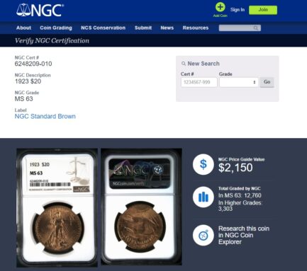 【NGC鑑定 MS63】アメリカ ダブルイーグル２０ドル金貨 セントゴーデンス金貨 1923年 NGC 高鑑定 $20 Saint-Gaudens Double Eagle 米国 金貨 - 画像 (6)