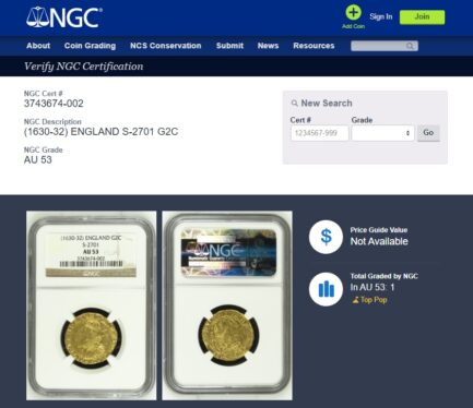 【最高鑑定 NGC鑑定 AU53】イギリス チャールズ１世 ダブルクラウン金貨 1630-1632年 - 画像 (6)