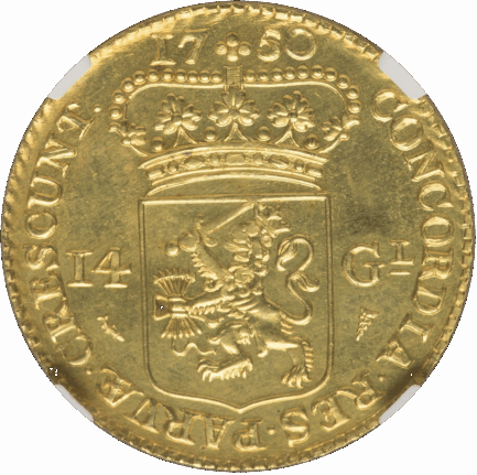オランダ 1750年（1960年再鋳） ゴールドライダー 14グルデン金貨 NGC MS66 - 画像 (2)